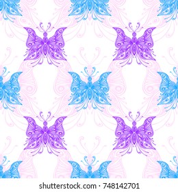 Seamless pattern with zen tangle butterflies  blue pink lilac on white for package cosmetic perfume or for decoration t-shirt clothes textile or for linens and other things
