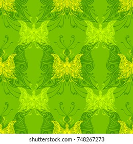 Seamless pattern with zen tangle butterflies  in green for package cosmetic perfume or for decoration t-shirt clothes textile or for linens and other things