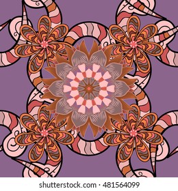 Seamless pattern in Zen-doodle or Zen-tangle style in beige lilac brown.
