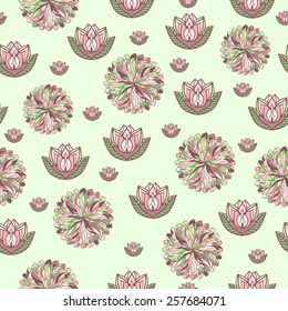 Seamless pattern with zentangle lotus  flowers on isolated light-green background