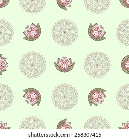 Seamless pattern with zentangle lotus  flowers on isolated light-green background