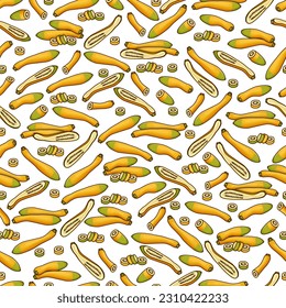 Seamless pattern with Zephyr Squash. Summer squash. Cucurbita pepo. Fruits and vegetables. Cartoon style. Vector illustration isolated on transparent background.