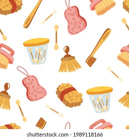 Seamless pattern with Zero waste elements. Eco bath items. No plastic. Eco-friendly Sponge, Bamboo Toothbrush ,Wooden Ear Sticks. Save the planet background. Cartoon vector texture.