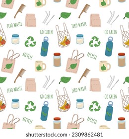 Seamless pattern with zero waste items flat style, vector illustration on white background. Eco friendly lifestyle, decorative design for wrapping and packaging, go green concept