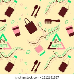 Seamless pattern for zero waste theme in pink, green and brown colors decorated with eco bags, paper cups, leaves, cutlery and other objects on yellow background