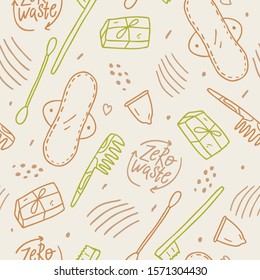 Seamless pattern zero waste. Toothbrush, menstrual cup, sanitary pad etc. No plastic. Save the planet. Hand-drawn doodle illustration.
