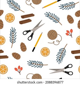 Seamless pattern of zero-waste, eco-friendly packaging gifts. Nature decor, and tools for decoration. Spruce twig, cinnamon stick, orange slice, cone, threads, scissors, pencil, berries.