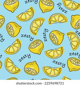 Seamless pattern of Zesty lemons with words "Zesty" around, blue background elements 