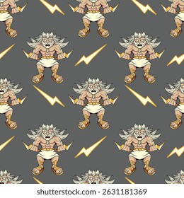 Seamless Pattern of Zeus with Lightning Bolts
