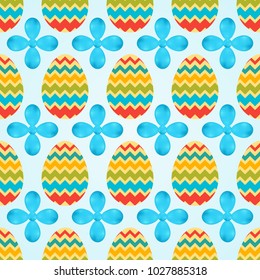 Seamless pattern of zigzag easeter eggs with blue flowers