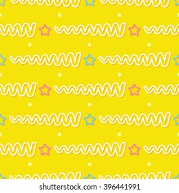 Seamless pattern with a zigzag line and stars. Modern vector background. Nice pattern for baby clothes or wallpaper for the party. Yellow, white and pink colors.