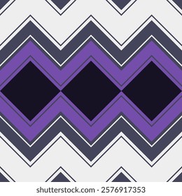 seamless pattern with zigzag pattern. Purple and white zigzag pattern, chevron effect. The background is solid white. There are two black diamonds in the center.  the design is modern and minimalistic