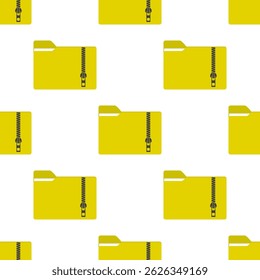 Seamless pattern with zip archive. Yellow folder with zipper. Data and files storage. Database pictogram texture isolated on white background. Wallpaper, icon of zip folder. Flat vector illustration