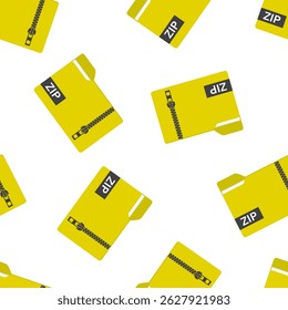 Seamless pattern with zip archive. Yellow folder with zipper. Data storage. Database pictogram texture isolated on white background. Wallpaper, icon of zip folder. Flat vector illustration