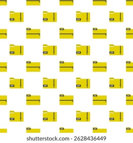Seamless pattern with zip archive. Yellow folder with zipper. Data storage. Database pictogram texture isolated on white background. Wallpaper, icon of zip folder. Flat vector illustration