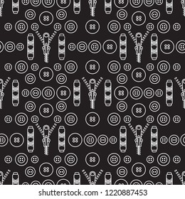 Seamless pattern with zipper, buttons, threads. Sewing and needlework background. Template for design, fabric, print.