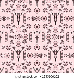Seamless pattern with zipper, buttons, threads. Sewing and needlework background. Template for design, fabric, print.