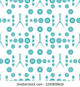 Seamless pattern with zipper, buttons, threads. Sewing and needlework background. Template for design, fabric, print.