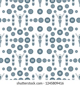 Seamless pattern with zipper, buttons, threads. Sewing and needlework background. Template for design, fabric, print.