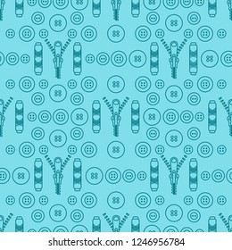 Seamless pattern with zipper, buttons, threads. Sewing and needlework background. Template for design, fabric, print.