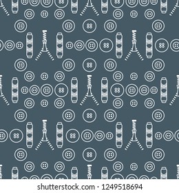 Seamless pattern with zipper, buttons, threads. Sewing and needlework background. Template for design, fabric, print.