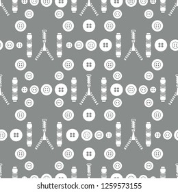 Seamless pattern with zipper, buttons, threads. Sewing and needlework background. Template for design, fabric, print.