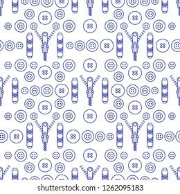 Seamless pattern with zipper, buttons, threads. Sewing and needlework background. Template for design, fabric, print.