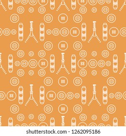 Seamless pattern with zipper, buttons, threads. Sewing and needlework background. Template for design, fabric, print.