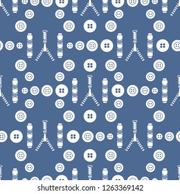 Seamless pattern with zipper, buttons, threads. Sewing and needlework background. Template for design, fabric, print.