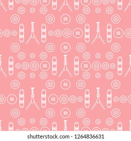Seamless pattern with zipper, buttons, threads. Sewing and needlework background. Template for design, fabric, print.