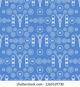 Seamless pattern with zipper, buttons, threads. Sewing and needlework background. Template for design, fabric, print.
