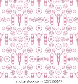 Seamless pattern with zipper, buttons, threads. Sewing and needlework background. Template for design, fabric, print.