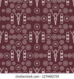 Seamless pattern with zipper, buttons, threads. Sewing and needlework background. Template for design, fabric, print.