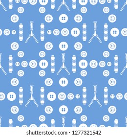 Seamless pattern with zipper, buttons, threads. Sewing and needlework background. Template for design, fabric, print.