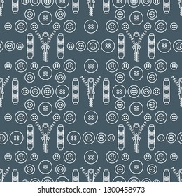 Seamless pattern with zipper, buttons, threads. Sewing and needlework background. Template for design, fabric, print.
