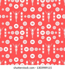 Seamless pattern with zipper, buttons, threads. Sewing and needlework background. Template for design, fabric, print.
