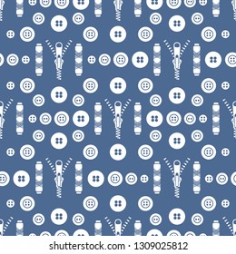 Seamless pattern with zipper, buttons, threads. Sewing and needlework background. Template for design, fabric, print.