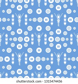 Seamless pattern with zipper, buttons, threads. Sewing and needlework background. Template for design, fabric, print.