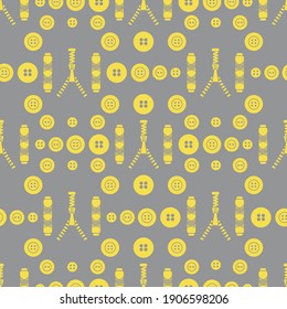 Seamless pattern with zipper, buttons, threads. Sewing and needlework background. Template for design, fabric, print. Illuminating and Ultimate Gray.