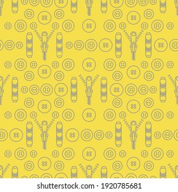 Seamless pattern with zipper, buttons, threads. Sewing and needlework background. Template for design, fabric, print. Illuminating and Ultimate Gray.