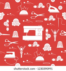 Seamless pattern with zipper, needles, thimble, pins, threads, buttons, scissors, sewing machine, iron. Sewing and needlework background. Template for design, fabric, print.