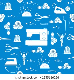 Seamless pattern with zipper, needles, thimble, pins, threads, buttons, scissors, sewing machine, iron. Sewing and needlework background. Template for design, fabric, print.