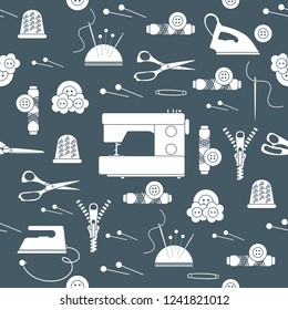 Seamless pattern with zipper, needles, thimble, pins, threads, buttons, scissors, sewing machine, iron. Sewing and needlework background. Template for design, fabric, print.