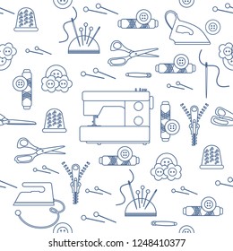Seamless pattern with zipper, needles, thimble, pins, threads, buttons, scissors, sewing machine, iron. Sewing and needlework background. Template for design, fabric, print.