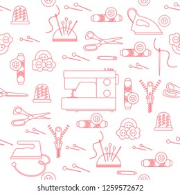 Seamless pattern with zipper, needles, thimble, pins, threads, buttons, scissors, sewing machine, iron. Sewing and needlework background. Template for design, fabric, print.