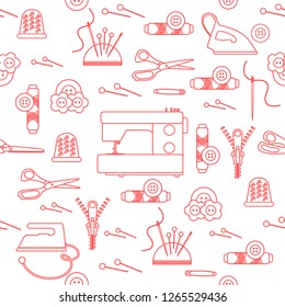 Seamless pattern with zipper, needles, thimble, pins, threads, buttons, scissors, sewing machine, iron. Sewing and needlework background. Template for design, fabric, print.