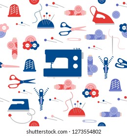 Seamless pattern with zipper, needles, thimble, pins, threads, buttons, scissors, sewing machine, iron. Sewing and needlework background. Template for design, fabric, print.