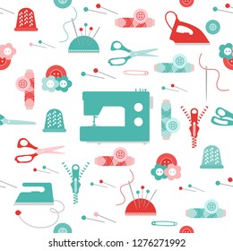 Seamless pattern with zipper, needles, thimble, pins, threads, buttons, scissors, sewing machine, iron. Sewing and needlework background. Template for design, fabric, print.