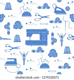 Seamless pattern with zipper, needles, thimble, pins, threads, buttons, scissors, sewing machine, iron. Sewing and needlework background. Template for design, fabric, print.