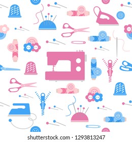 Seamless pattern with zipper, needles, thimble, pins, threads, buttons, scissors, sewing machine, iron. Sewing and needlework background. Template for design, fabric, print.